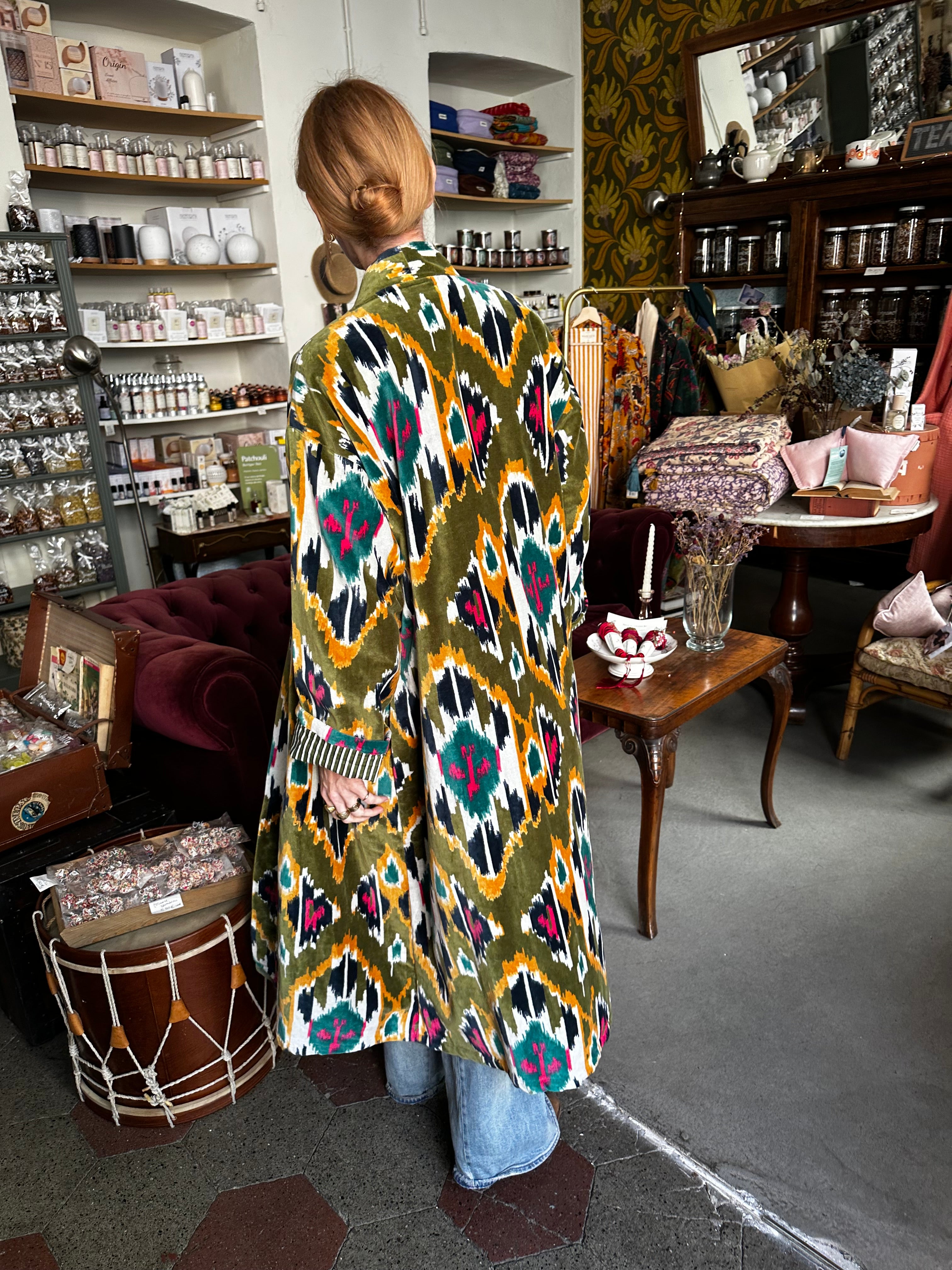 Cappotto kimono in velluto verde rosa