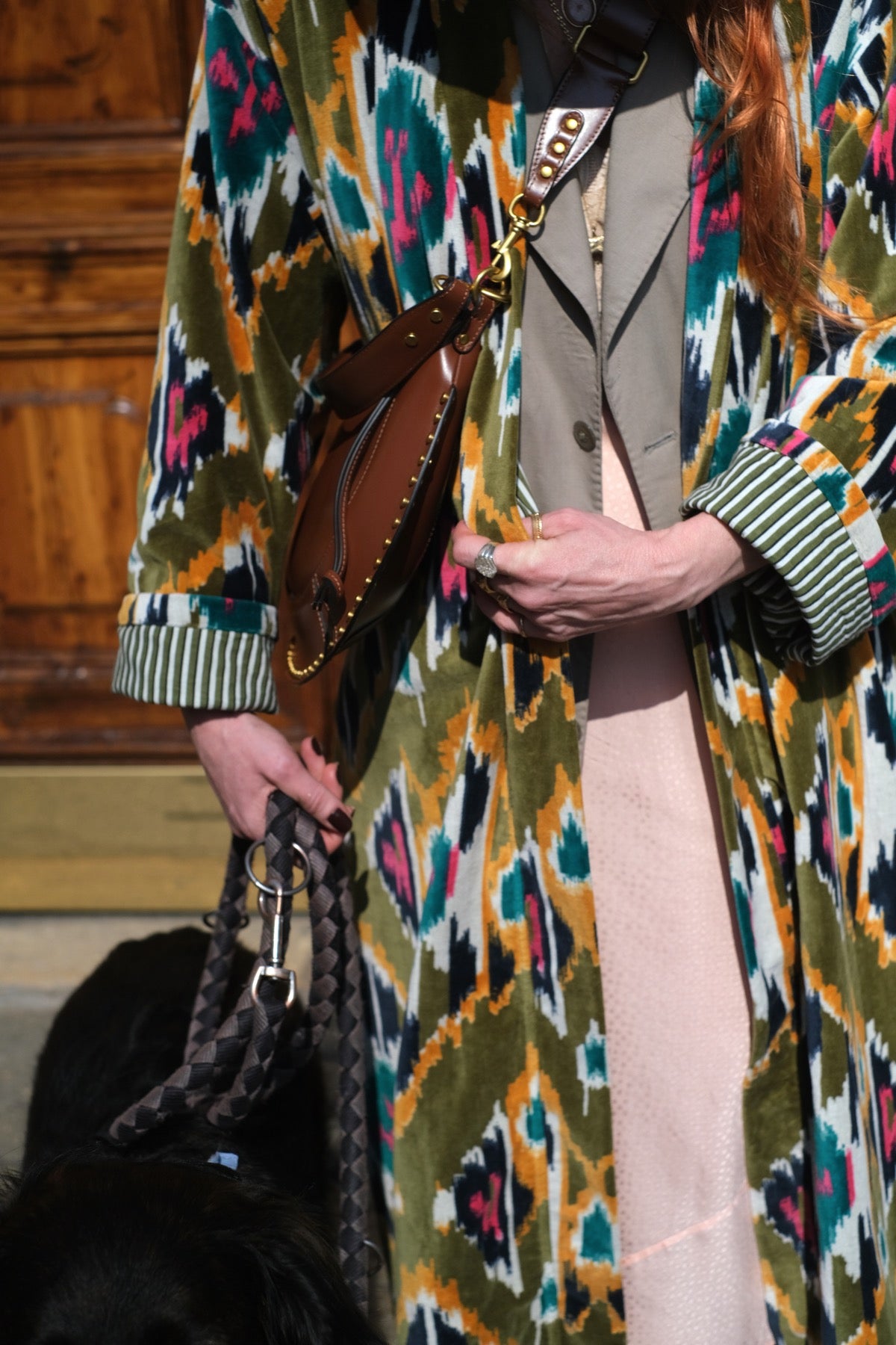 Cappotto kimono in velluto verde rosa