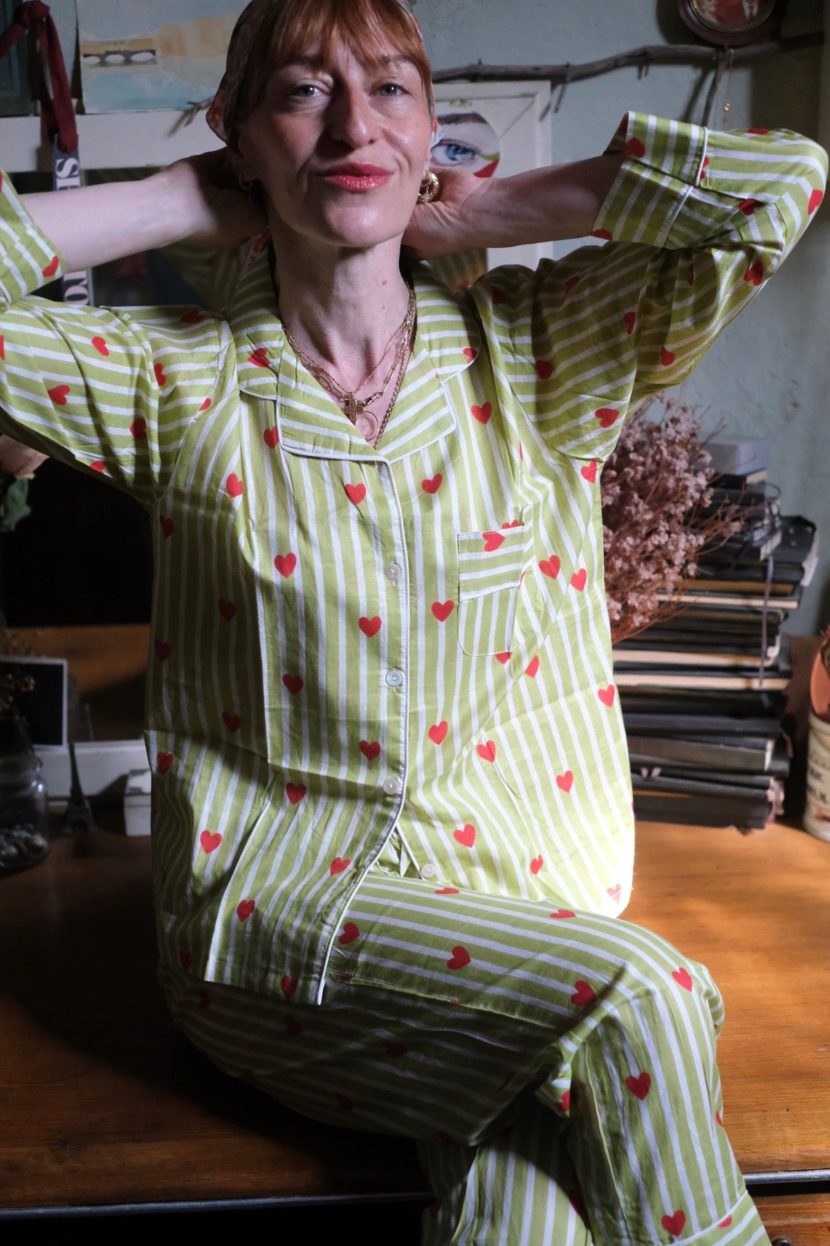 Pigiama Completo righe verdi e cuori
