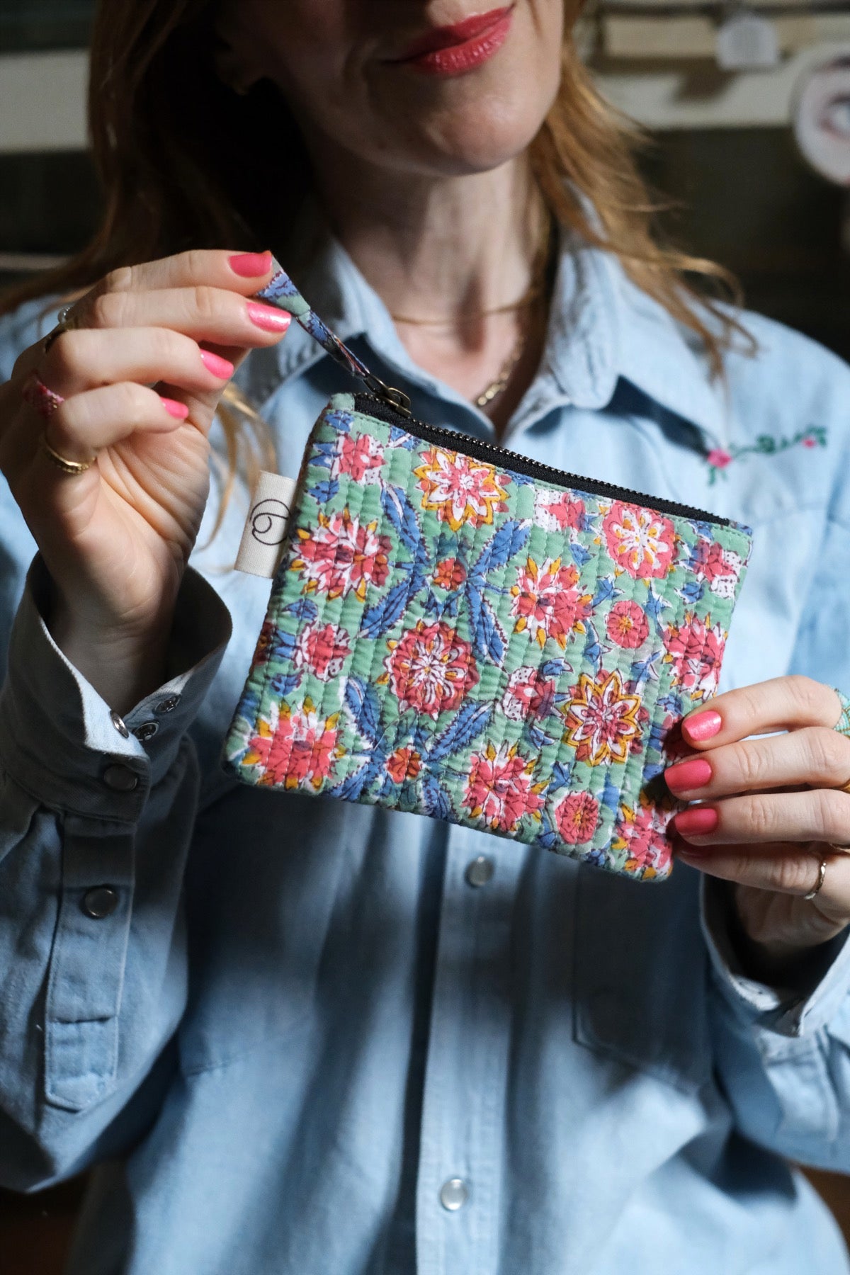 Mini Pochette verde acqua e corallo