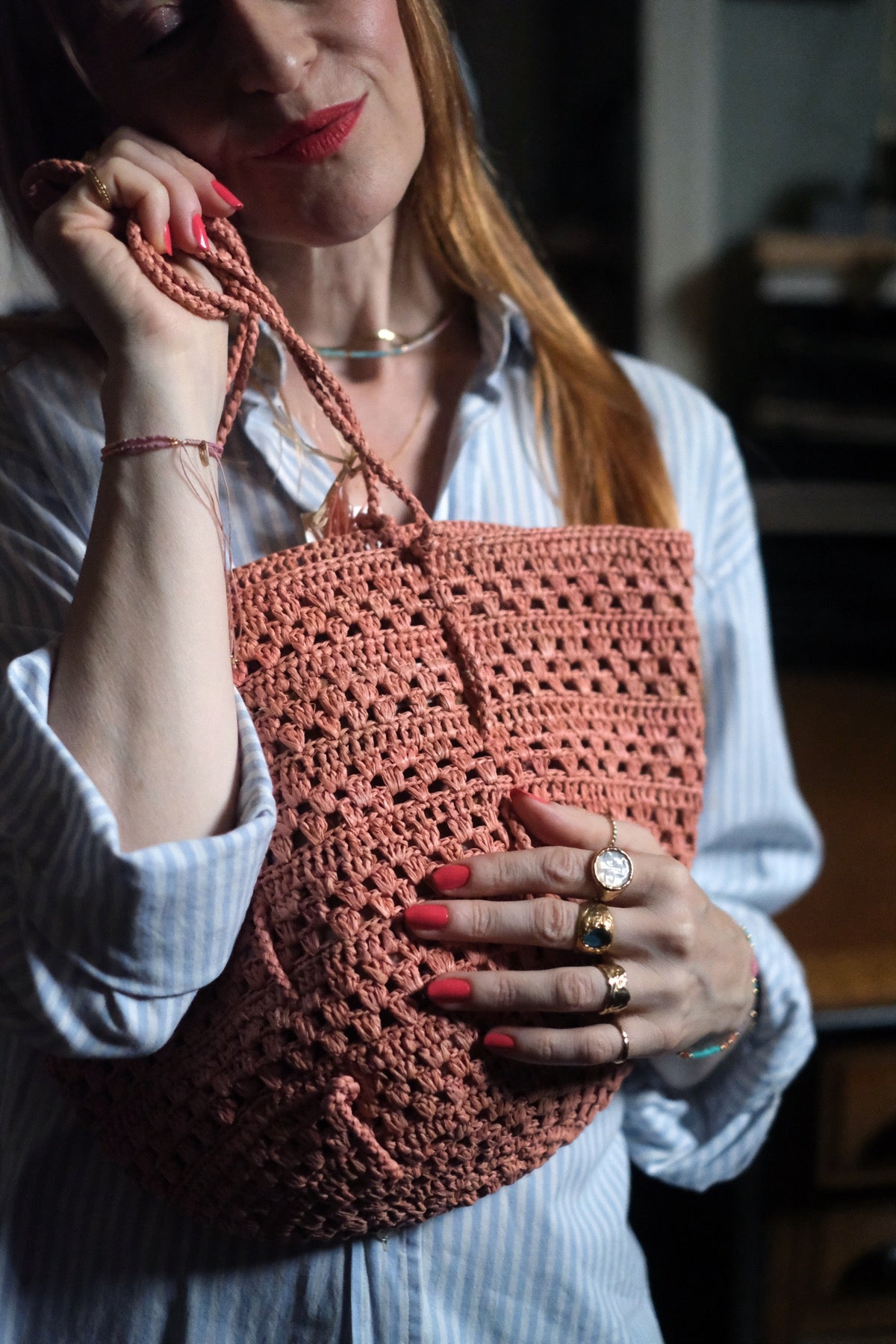 Borsa in rafia Isla Cap Lacy Small Rosa