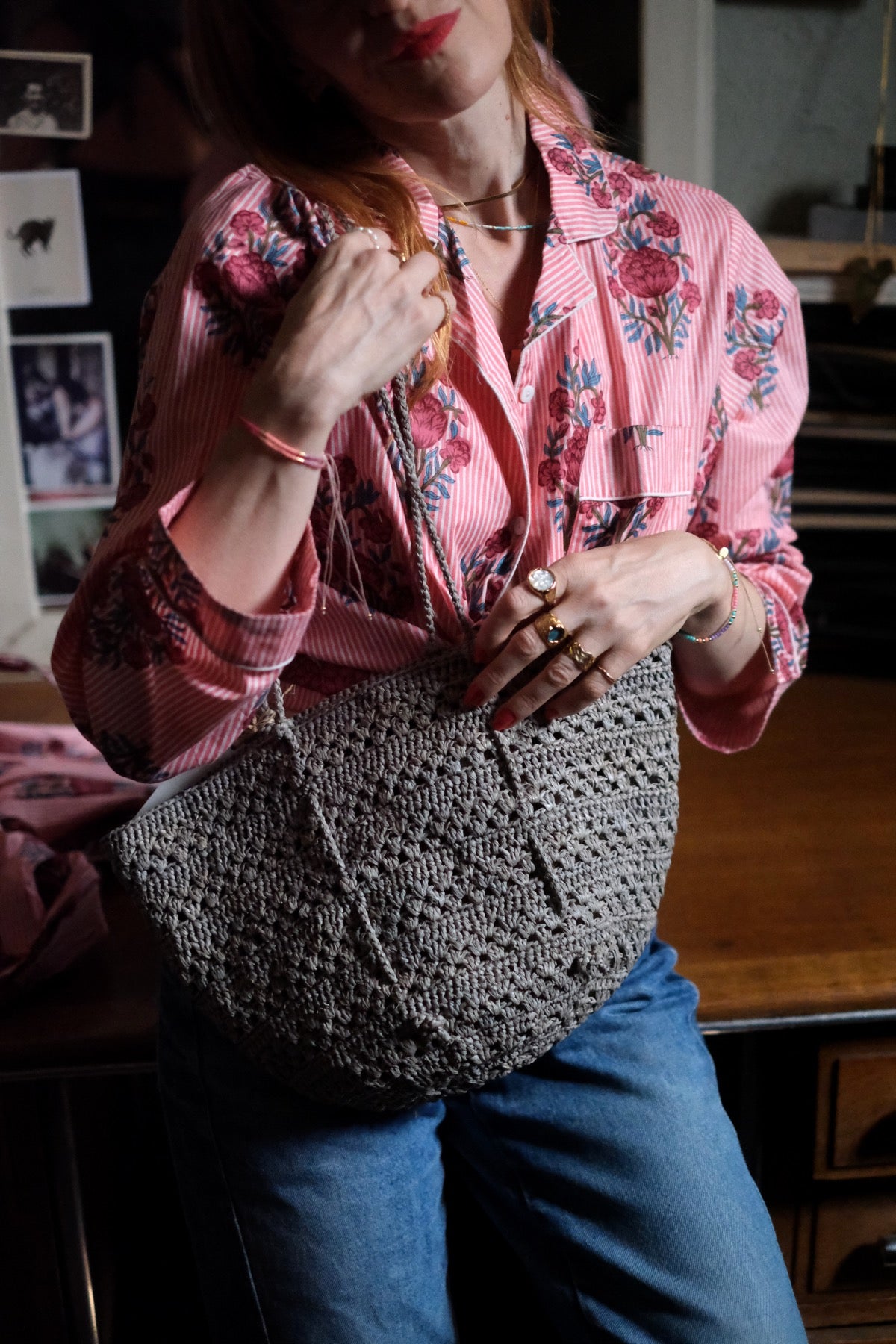 Borsa in rafia Isla Cap Lacy Small Grigio verde