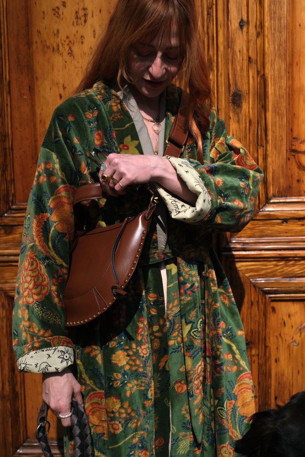 Cappotto kimono in velluto verde luminoso