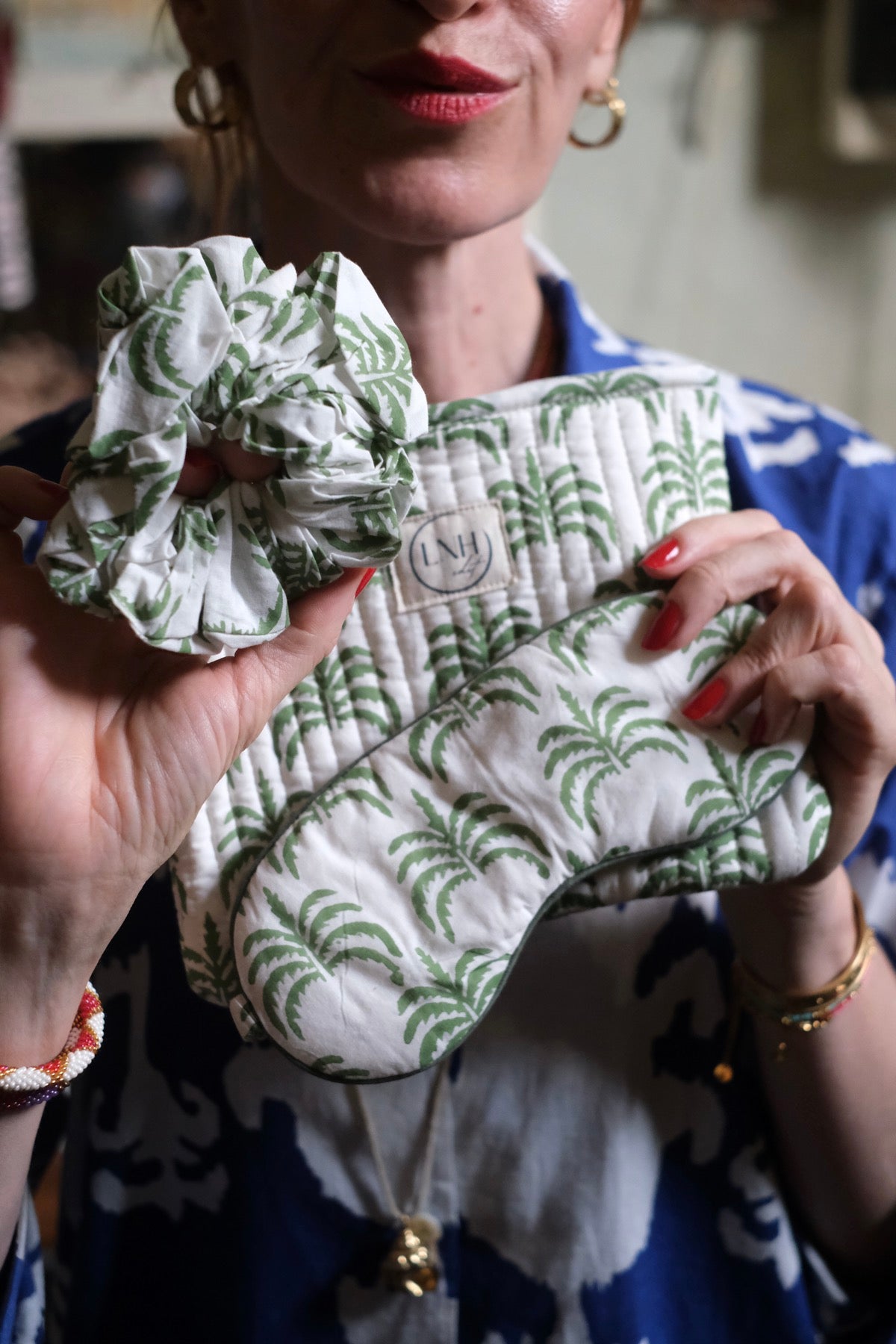 Mascherina e accessori per il sonno in cotone Green Palm