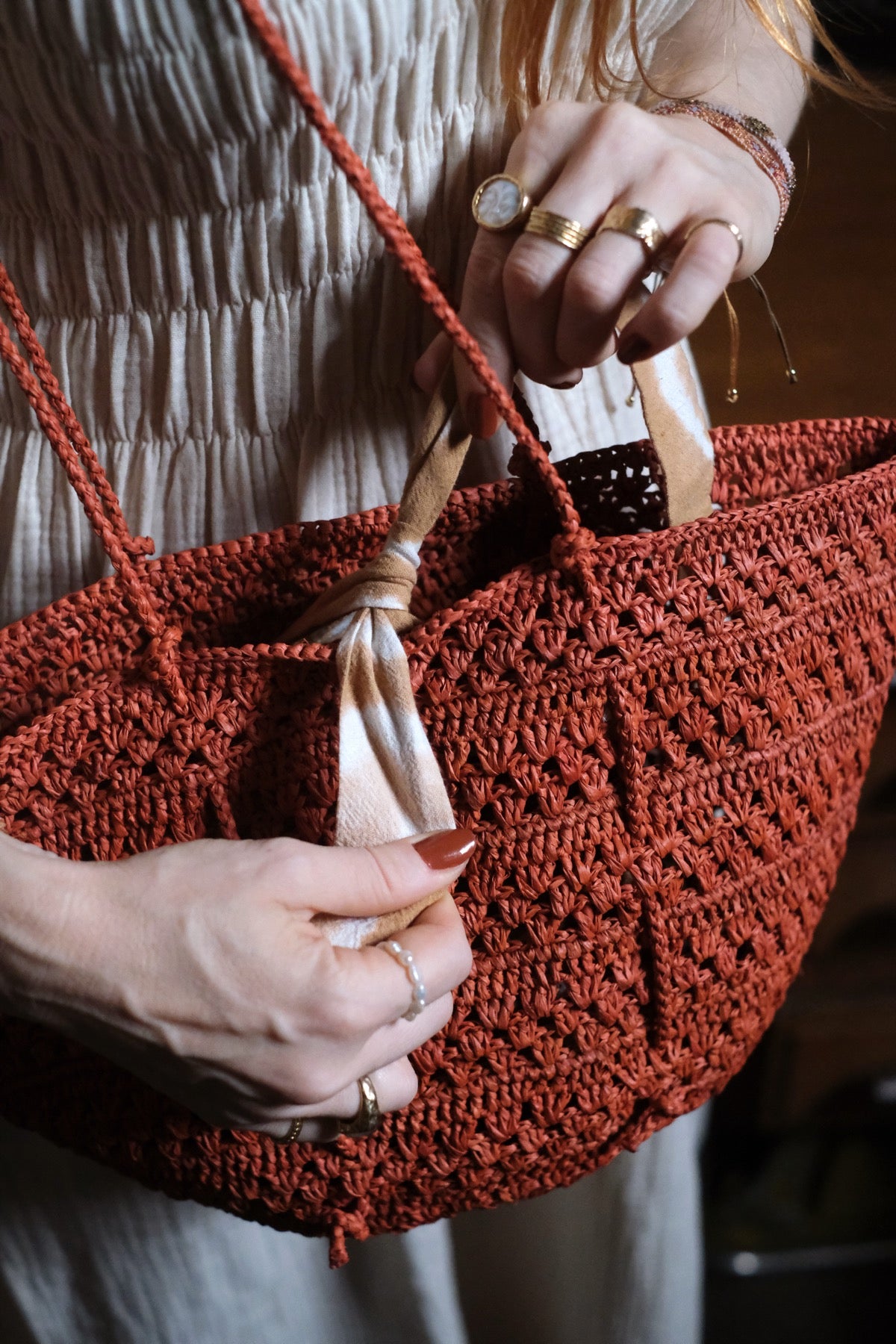 Borsa in rafia Isla Cap Lacy Small Ruggine