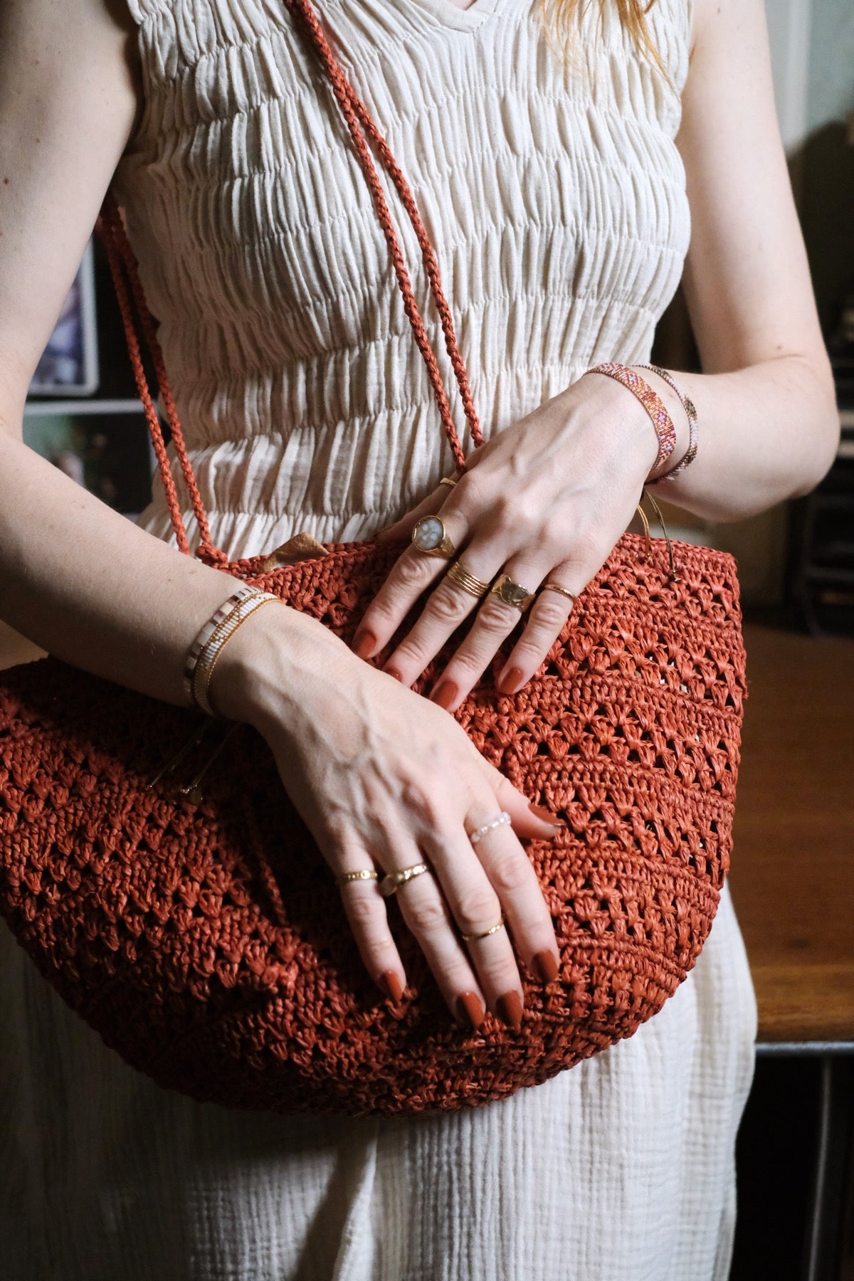 Borsa in rafia Isla Cap Lacy Small Ruggine