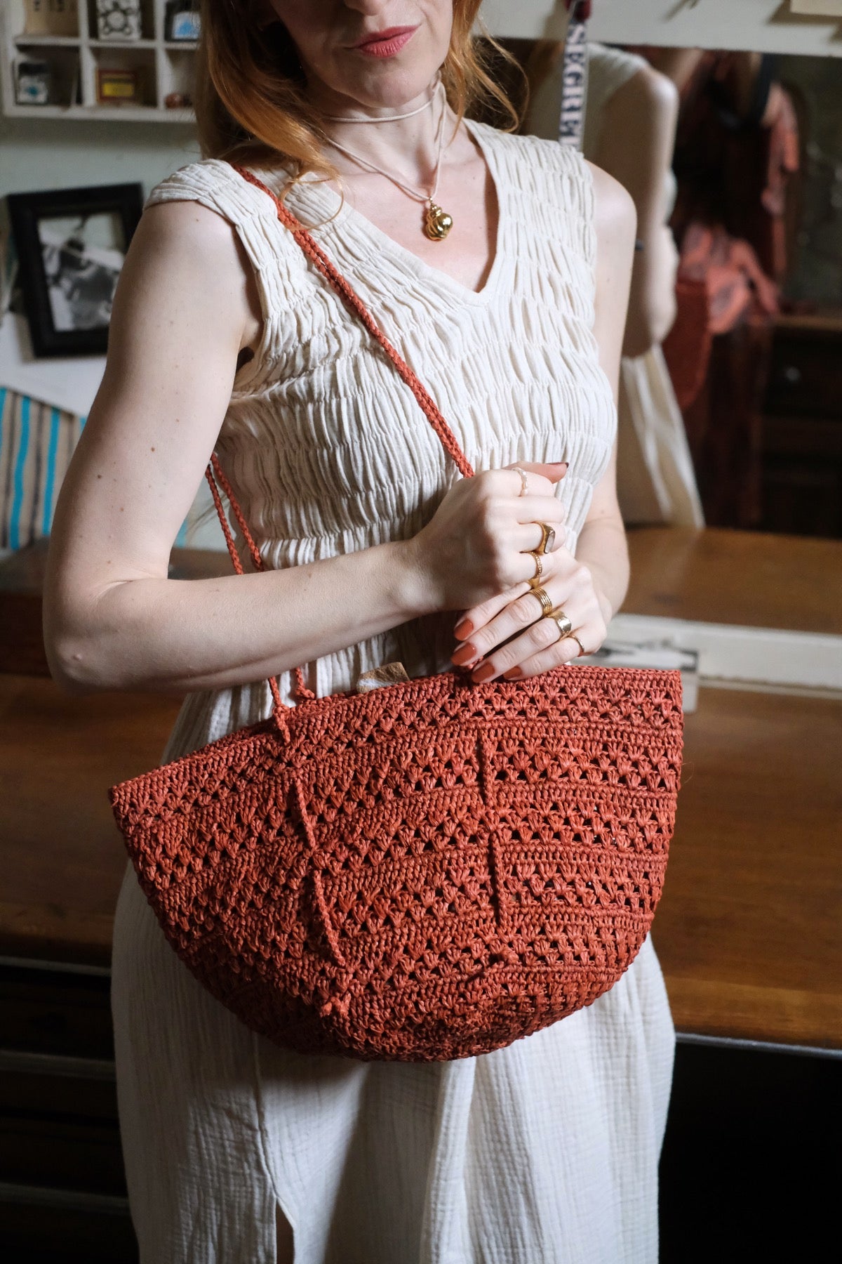 Borsa in rafia Isla Cap Lacy Small Ruggine