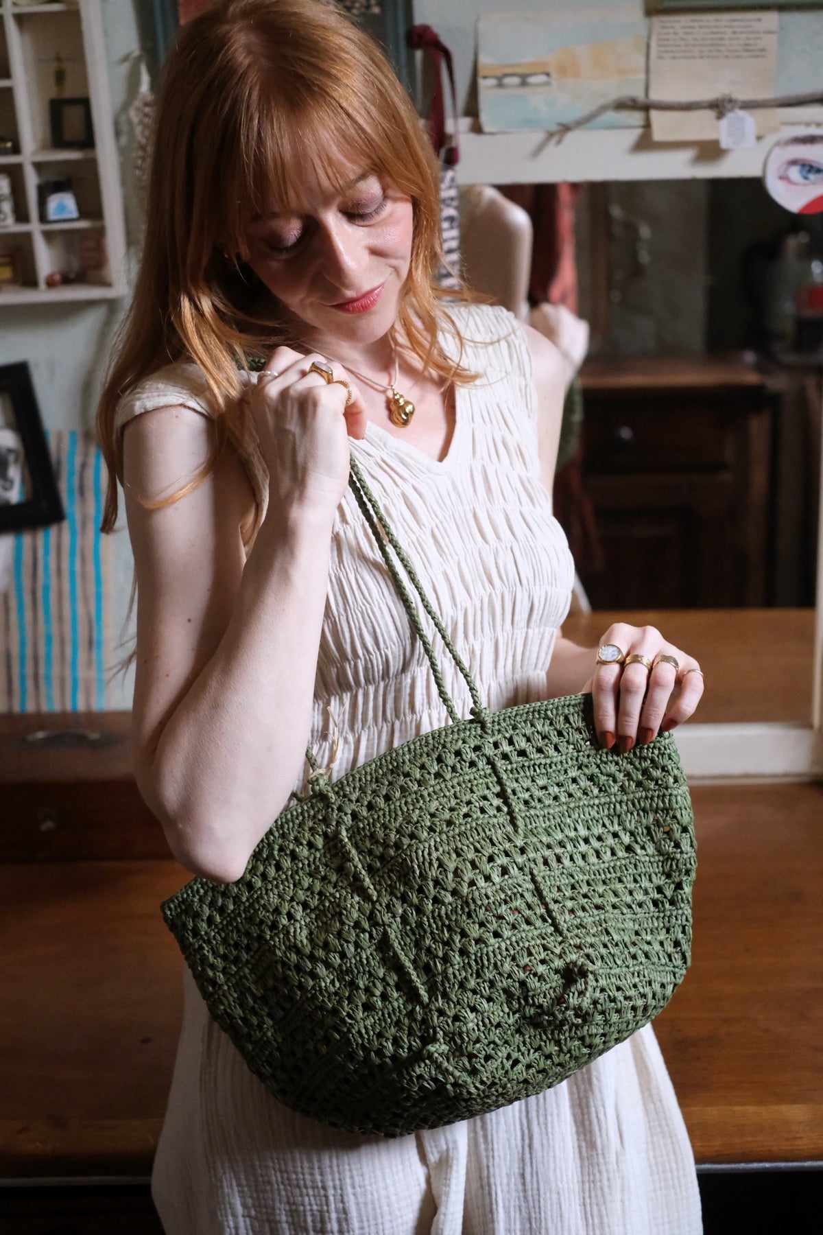 Borsa in rafia Isla Cap Lacy Small verde