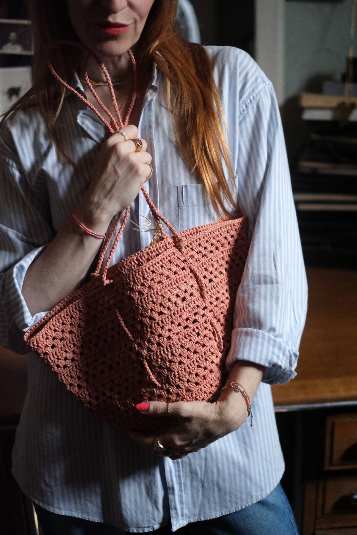 Borsa in rafia Isla Cap Lacy Small Rosa