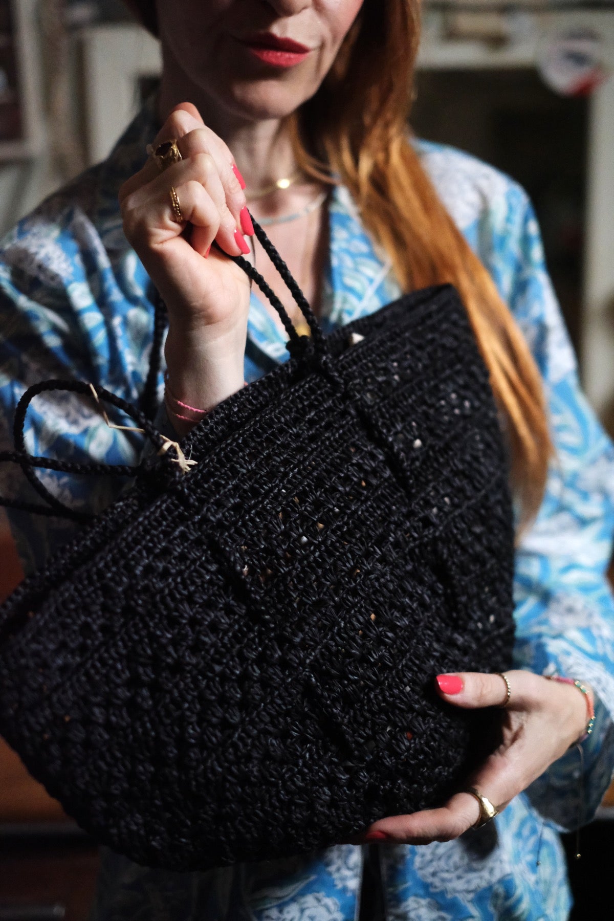 Borsa in rafia Isla Cap Lacy Small nera