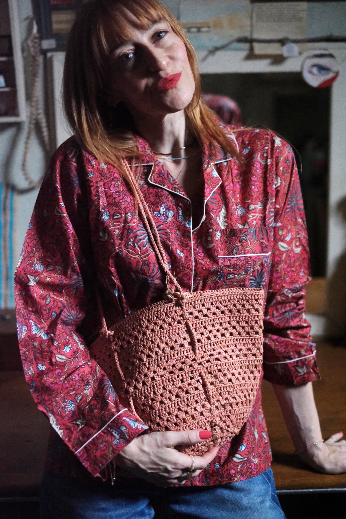 Borsa in rafia Isla Cap Lacy Small Rosa